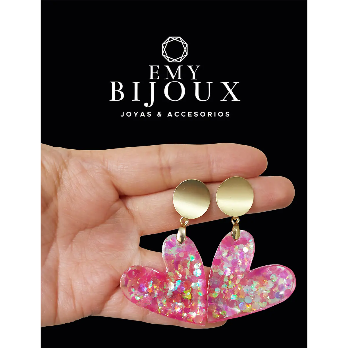 Aros Corazón Resina confeti tornasol Emybijoux